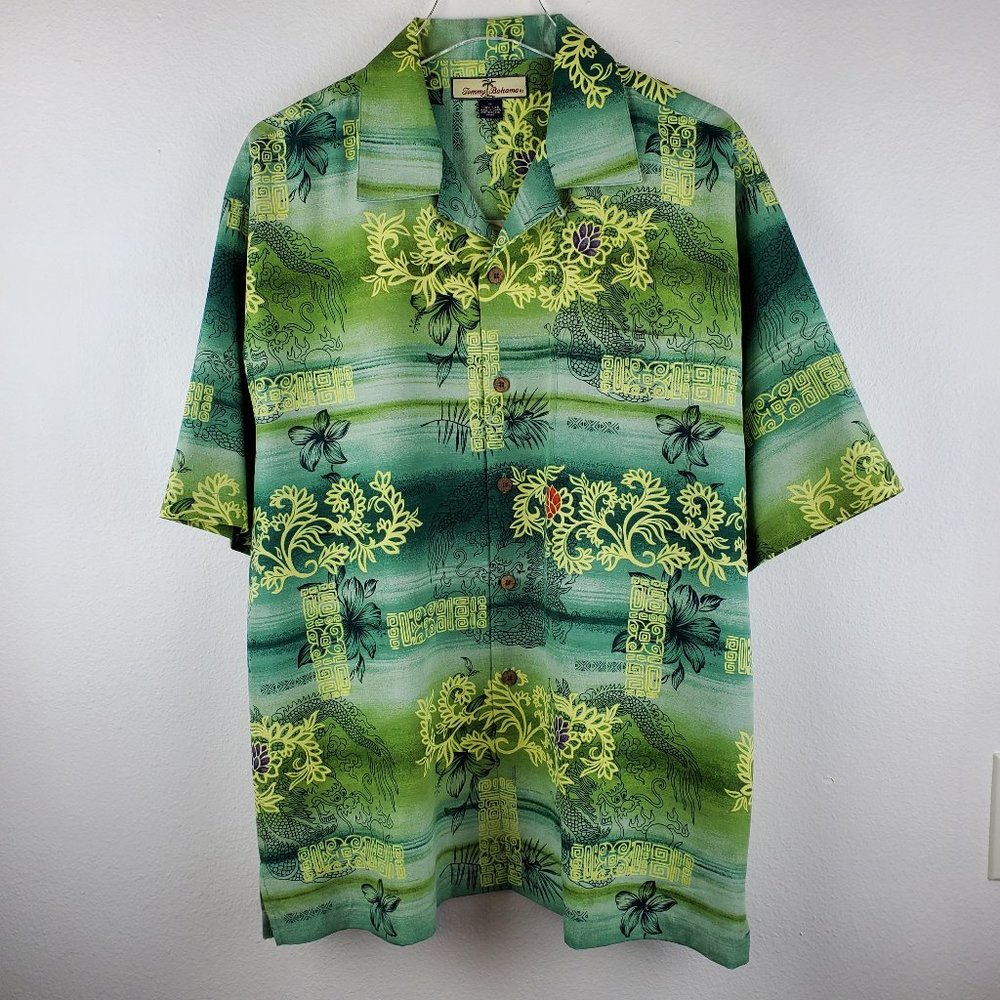Tommy Bahama silk camp shirt hawaiian dragon green blue M vintage retro luxury